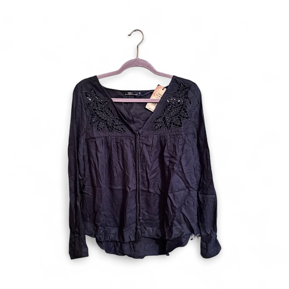 Silver Jeans Co Navy Blue Embroidered Boho Top (NWT)